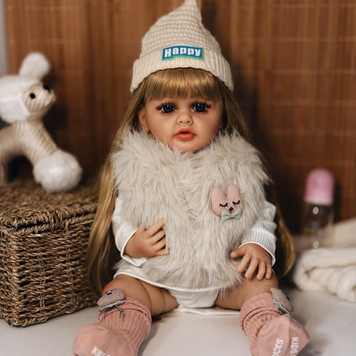 Лялька реборн Reborn Doll 55 см, вініл-силіконова реалістична лялька у білій шубці та вязаній шапці DO-06 фото