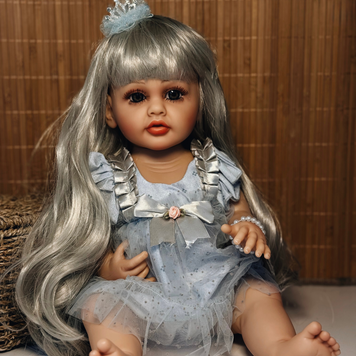 Лялька Реборн Reborn Doll 55 см, вініл-силіконова лялька дівчинка у сіро-голубому платтячку з короною DO-09 фото