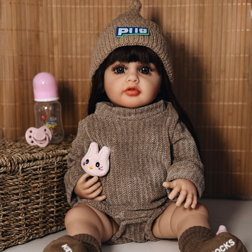 Лялька реборн Reborn Doll 55 см, вініл-силіконова реалістична лялька з темним красивим волоссям + одяг та аксесуари DO-16 фото