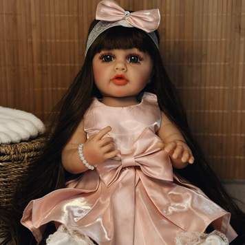 Лялька Реборн Reborn Doll 55 см, вініл-силіконова лялька дівчинка у в бежевому платтячку з повязкою DO-19 фото